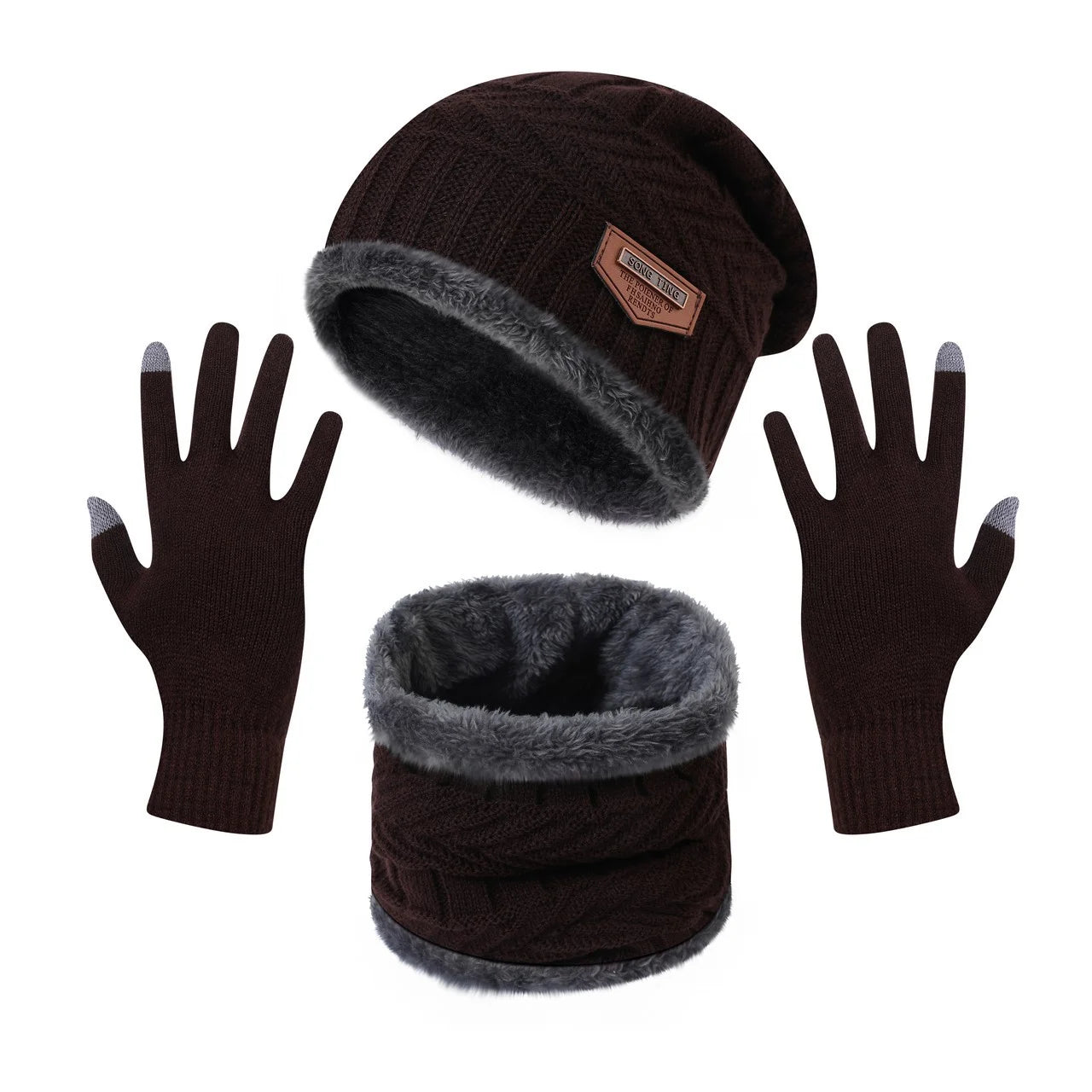 1Set Warm & Soft Winter Fleece-lined Knitted Hat, Scarves And Touch Screen Gloves 3-Piece Set ,Perfect Ear & Neck Warmer