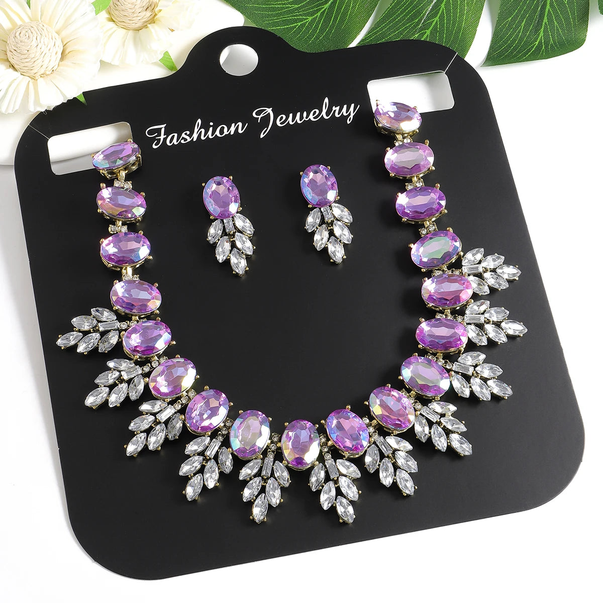 Best Lady Geometric Rhinestone Necklace & Short Glass Earrings Stitching Decorative Neck Chain Dress Jewelry Set