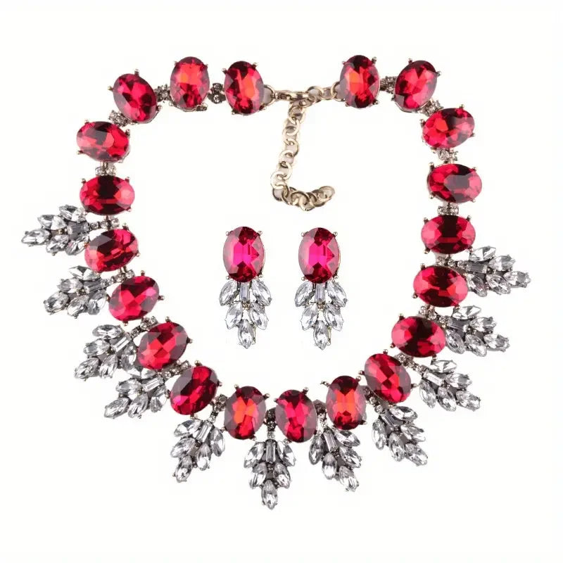 Best Lady Geometric Rhinestone Necklace & Short Glass Earrings Stitching Decorative Neck Chain Dress Jewelry Set