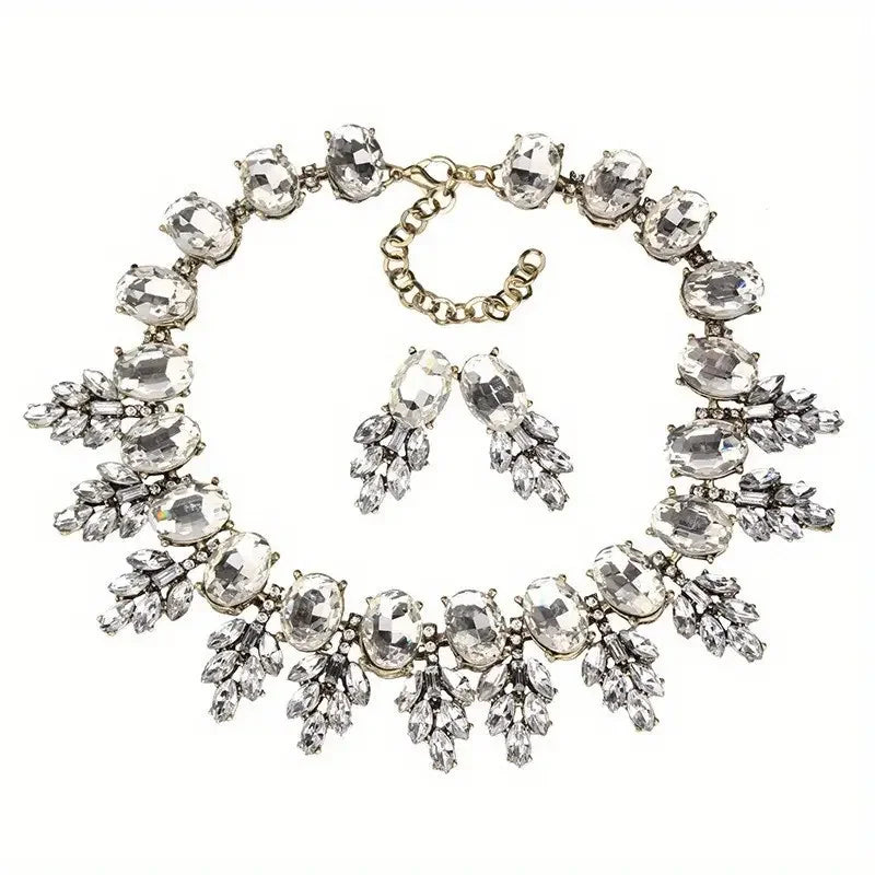 Best Lady Geometric Rhinestone Necklace & Short Glass Earrings Stitching Decorative Neck Chain Dress Jewelry Set