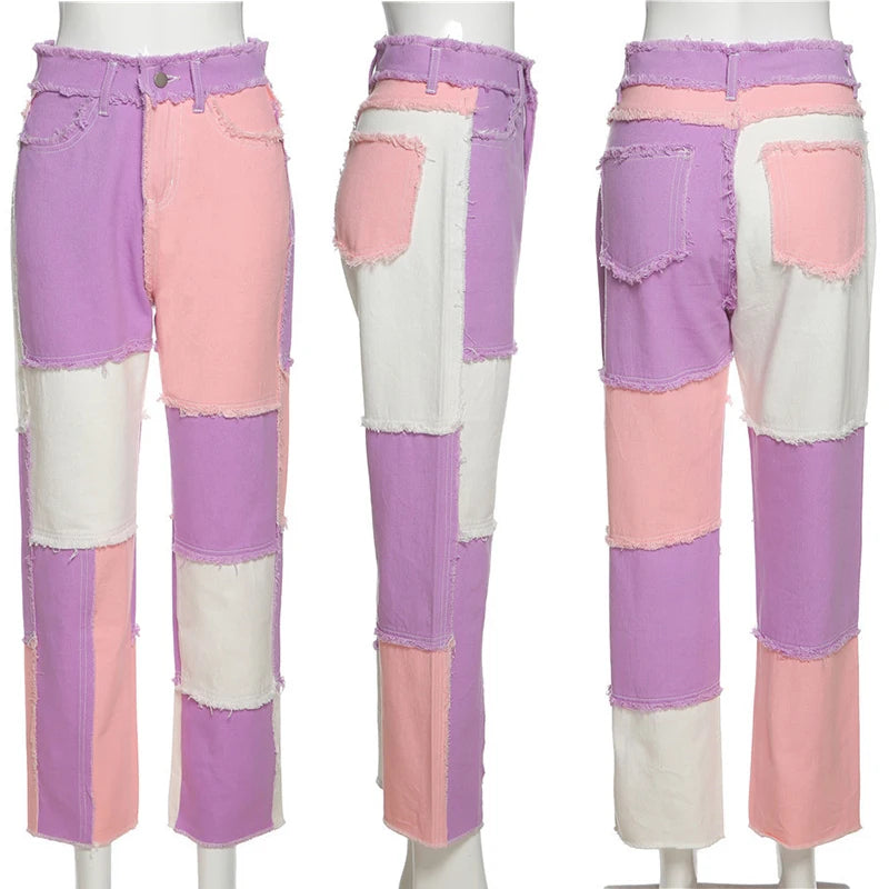 Autumn Brown Women Cowboy Striped Patchwork Jeans Street Casual Hip Hop High Waist Loose Straight Jeans Women's Fashion Pants