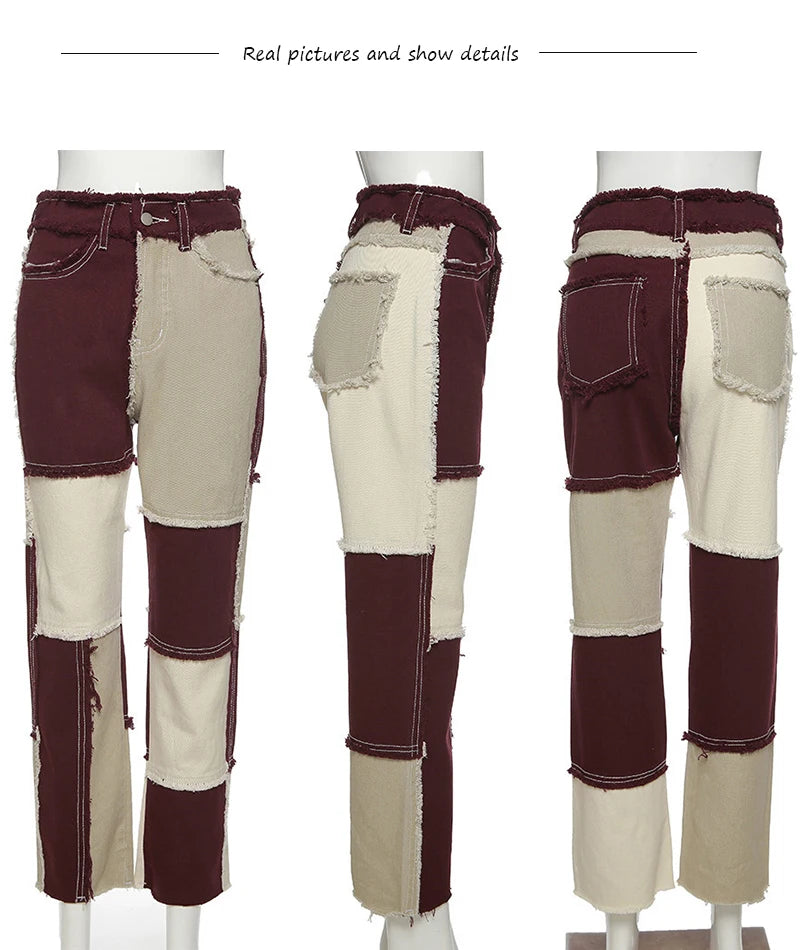 Autumn Brown Women Cowboy Striped Patchwork Jeans Street Casual Hip Hop High Waist Loose Straight Jeans Women's Fashion Pants
