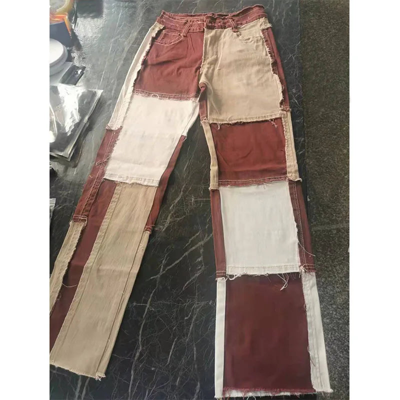 Autumn Brown Women Cowboy Striped Patchwork Jeans Street Casual Hip Hop High Waist Loose Straight Jeans Women's Fashion Pants