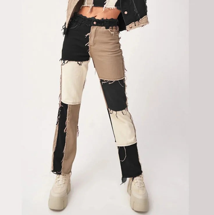 Autumn Brown Women Cowboy Striped Patchwork Jeans Street Casual Hip Hop High Waist Loose Straight Jeans Women's Fashion Pants
