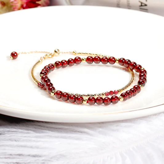 Exquisite 14k Gold Plated Wine Red Natural Garnet Beaded Bracelets for Women Female Lucky Fashion Jewelry Christmas Gifts YBR585
