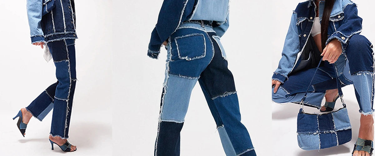 Autumn Brown Women Cowboy Striped Patchwork Jeans Street Casual Hip Hop High Waist Loose Straight Jeans Women's Fashion Pants