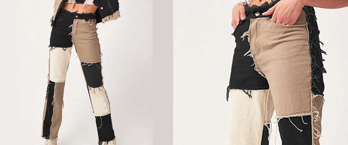 Autumn Brown Women Cowboy Striped Patchwork Jeans Street Casual Hip Hop High Waist Loose Straight Jeans Women's Fashion Pants