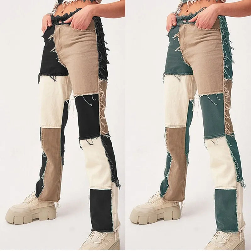 Autumn Brown Women Cowboy Striped Patchwork Jeans Street Casual Hip Hop High Waist Loose Straight Jeans Women's Fashion Pants