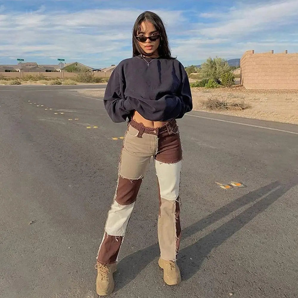 Autumn Brown Women Cowboy Striped Patchwork Jeans Street Casual Hip Hop High Waist Loose Straight Jeans Women's Fashion Pants