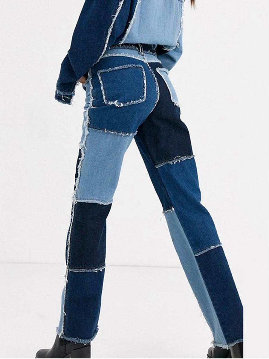 Autumn Brown Women Cowboy Striped Patchwork Jeans Street Casual Hip Hop High Waist Loose Straight Jeans Women's Fashion Pants