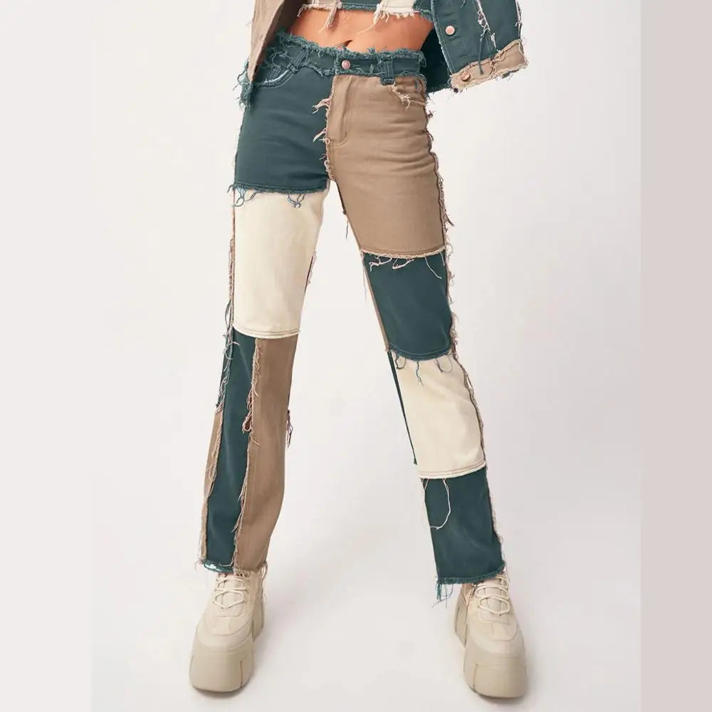 Autumn Brown Women Cowboy Striped Patchwork Jeans Street Casual Hip Hop High Waist Loose Straight Jeans Women's Fashion Pants