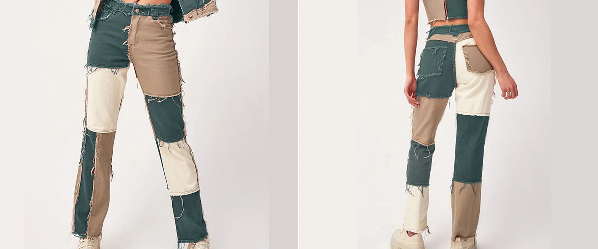 Autumn Brown Women Cowboy Striped Patchwork Jeans Street Casual Hip Hop High Waist Loose Straight Jeans Women's Fashion Pants