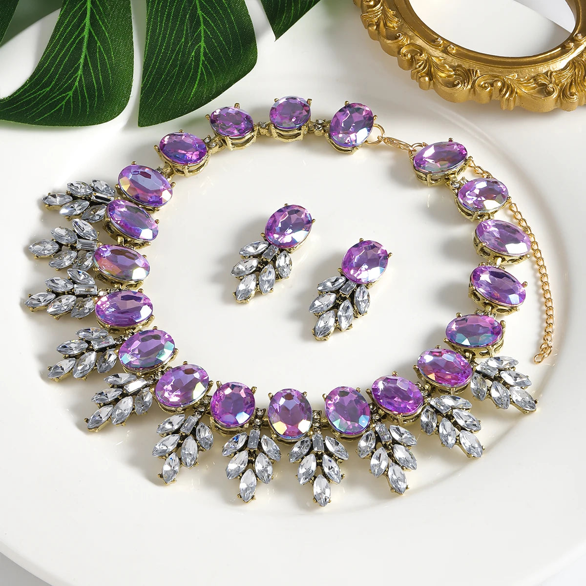 Best Lady Geometric Rhinestone Necklace & Short Glass Earrings Stitching Decorative Neck Chain Dress Jewelry Set