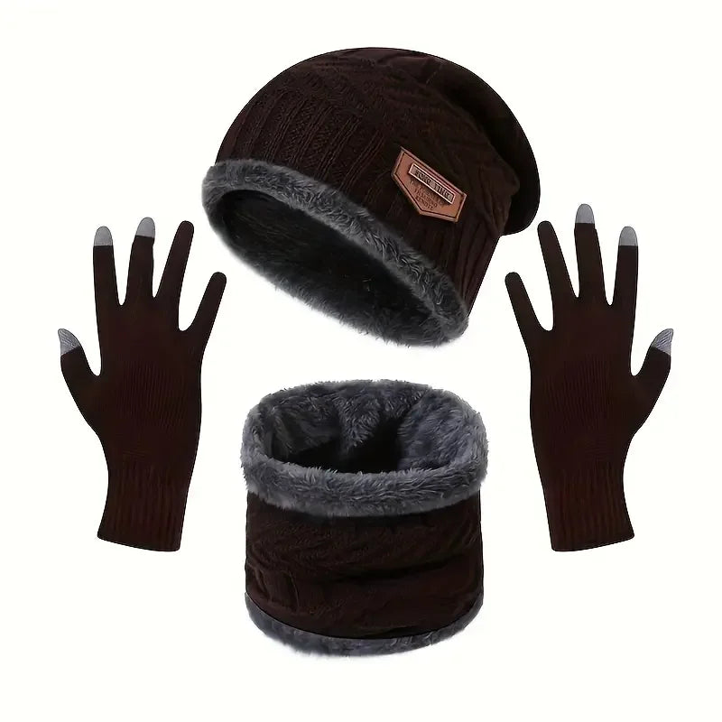 1Set Warm & Soft Winter Fleece-lined Knitted Hat, Scarves And Touch Screen Gloves 3-Piece Set ,Perfect Ear & Neck Warmer
