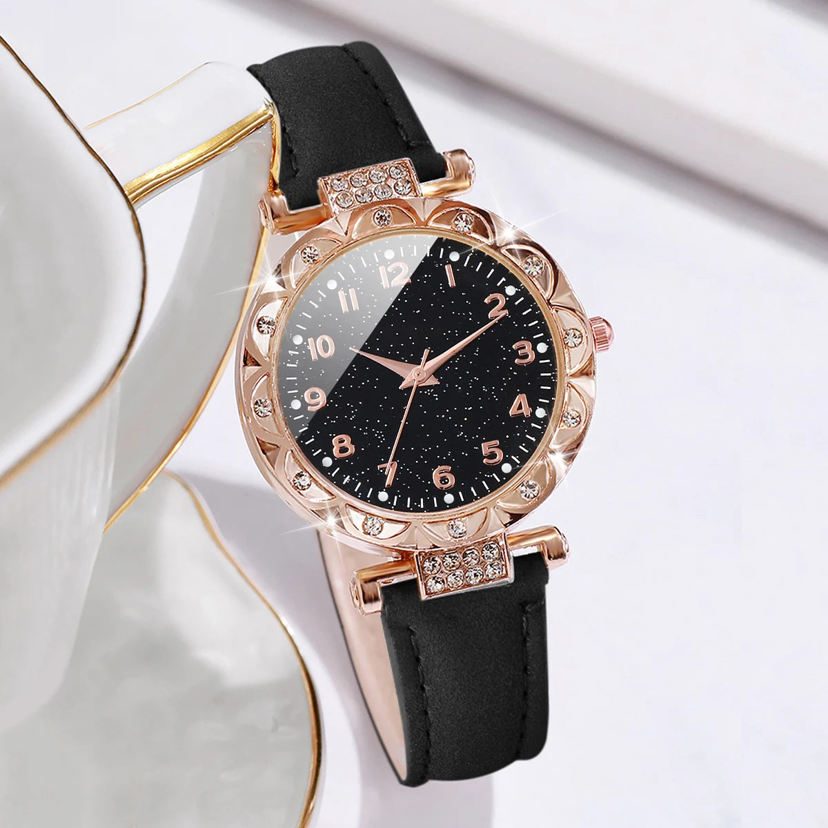 2PCS/Set Fashion Rhinestone Women Watches Bracelet Set Female Leather Band Quartz Watch