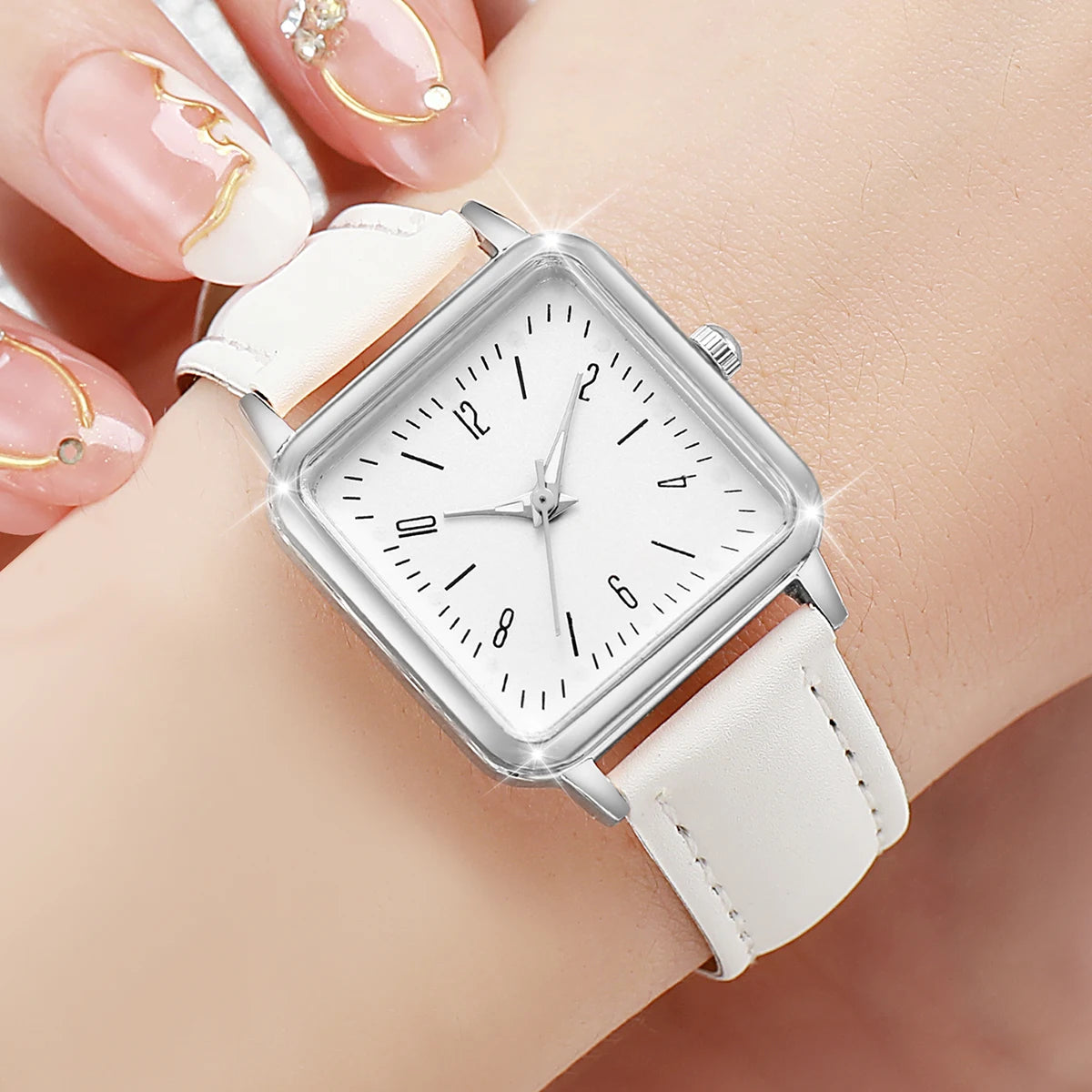 2PCS/Set Women's Fashion Watch Simple Square Dial Leather Watch