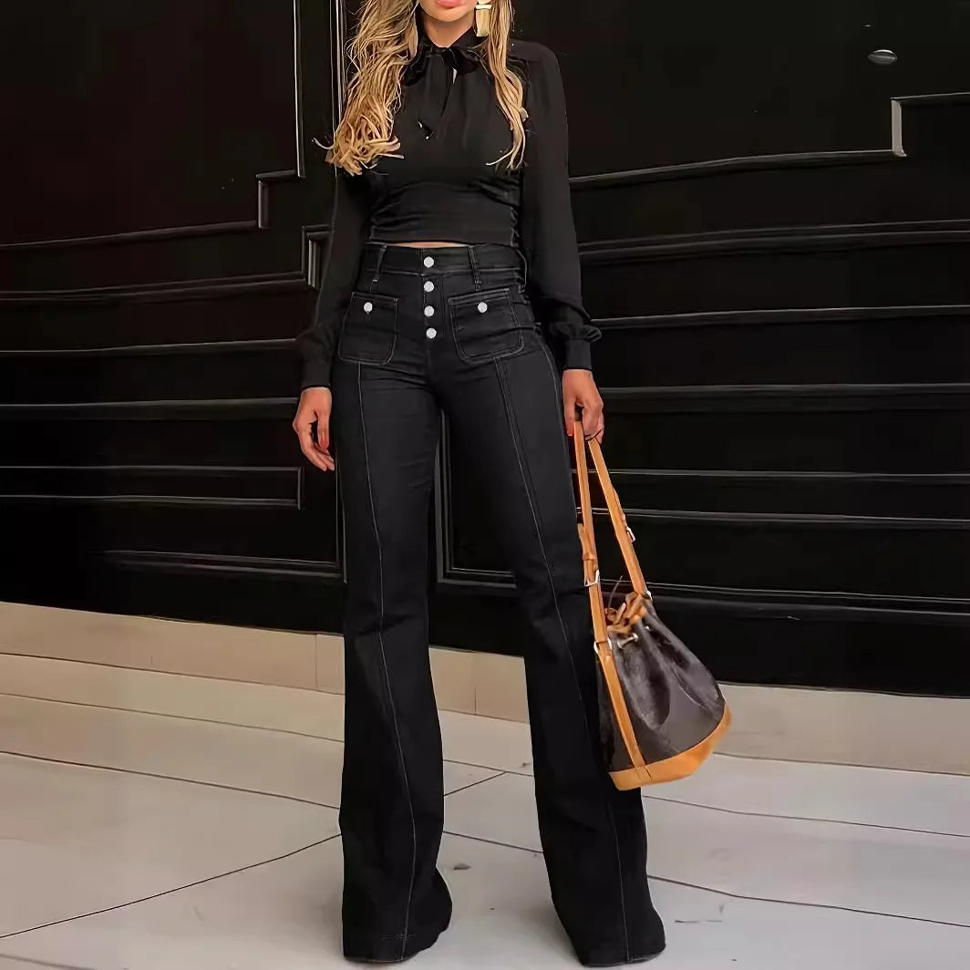 Women Jeans Ankle Length Boot Cut Spliced Flare Pants Denim Pockets Loose Washing High Waist Solid Button Basics Zipper Fly
