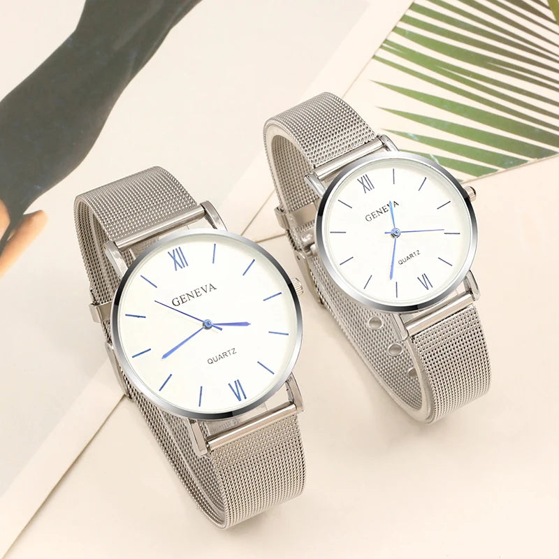 2PCS Set Couple Fashion Casual Watches Luxury Silvery Mesh Belt Wrist Watch Ladies Simple Dial Quartz Wristwatches Dress Clock