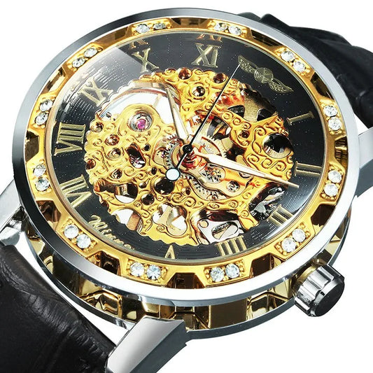 Fashion Top Brand Winner Mechanical Watch For Women Luxury Watches Diamond Skeleton Dial Leather Strap Unisex Size Wristwatches