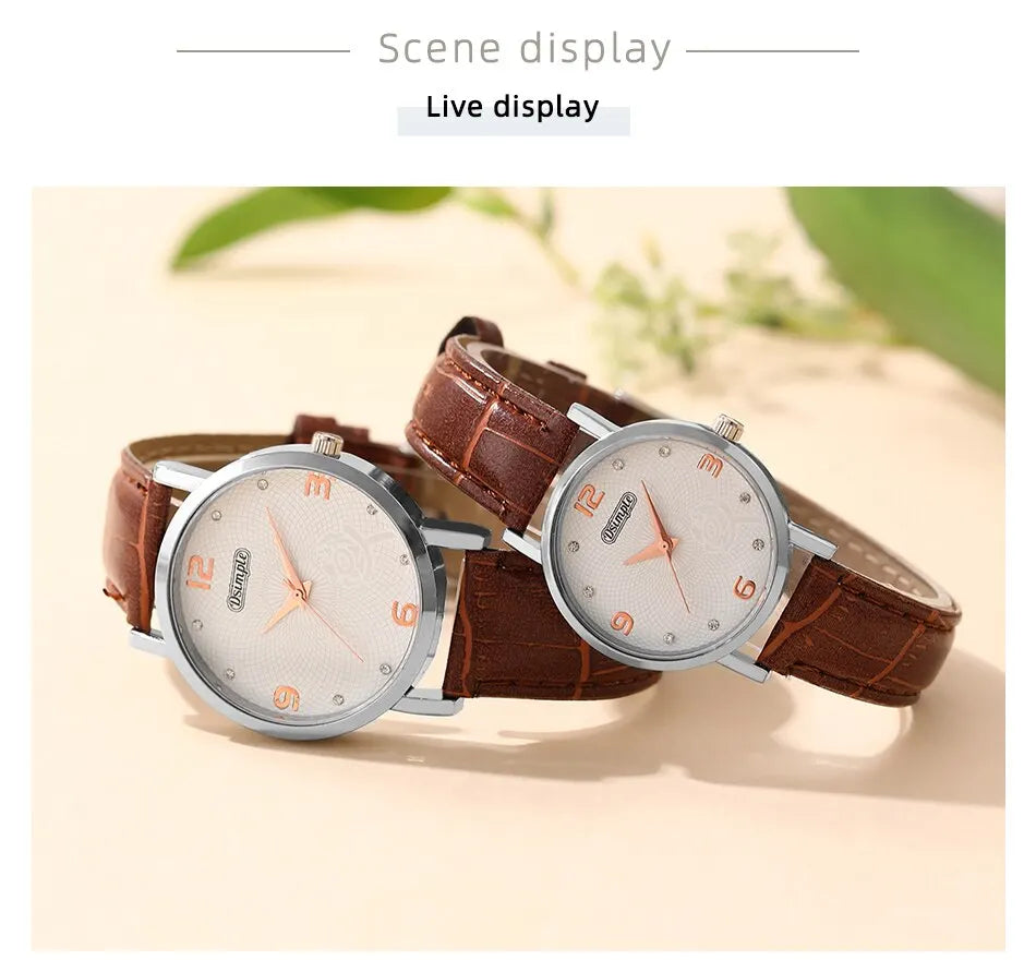 2PCS Fashion Couple Set Watches Luxury Men Women Business Casual Leather Quartz Watch Simple Brown Wristwatch Reloj Mujer