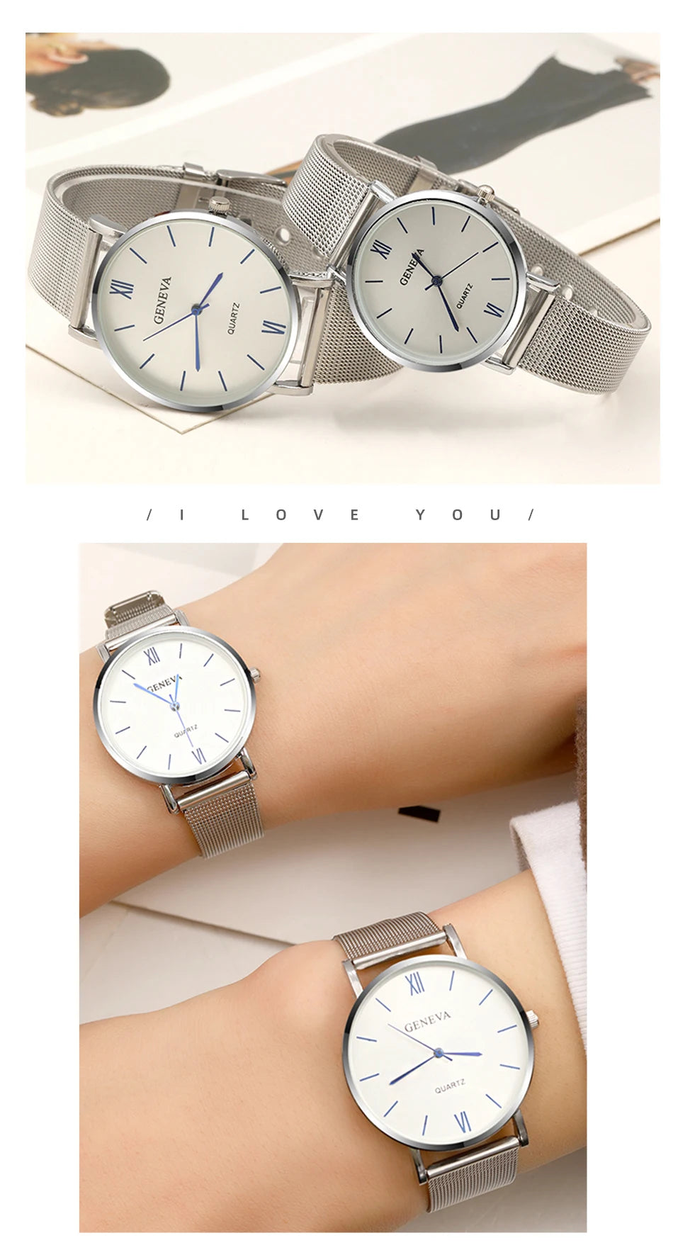 2PCS Set Couple Fashion Casual Watches Luxury Silvery Mesh Belt Wrist Watch Ladies Simple Dial Quartz Wristwatches Dress Clock