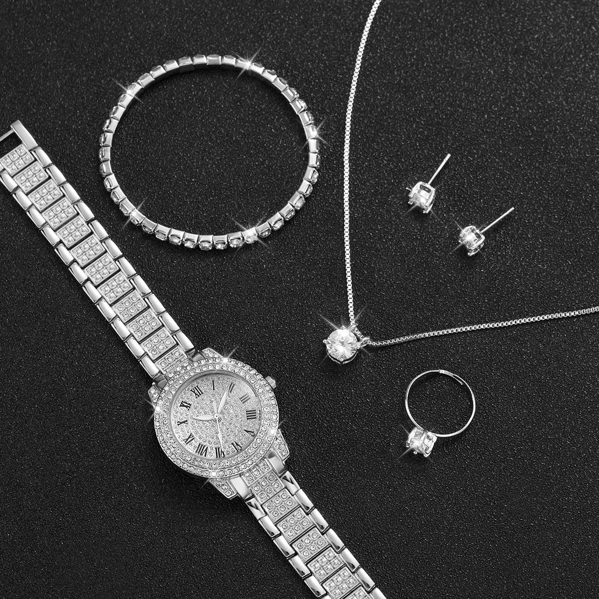 6pcs/set Women Stainless Steel Band Diamond Quartz Watch and Crystal Bracelet Set