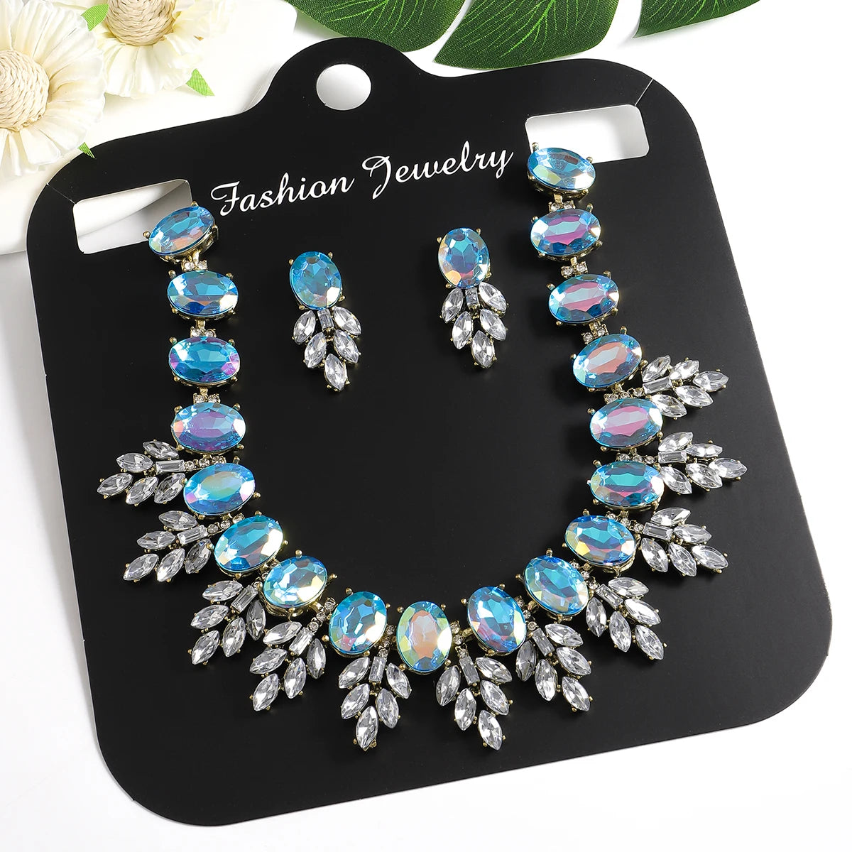 Best Lady Geometric Rhinestone Necklace & Short Glass Earrings Stitching Decorative Neck Chain Dress Jewelry Set