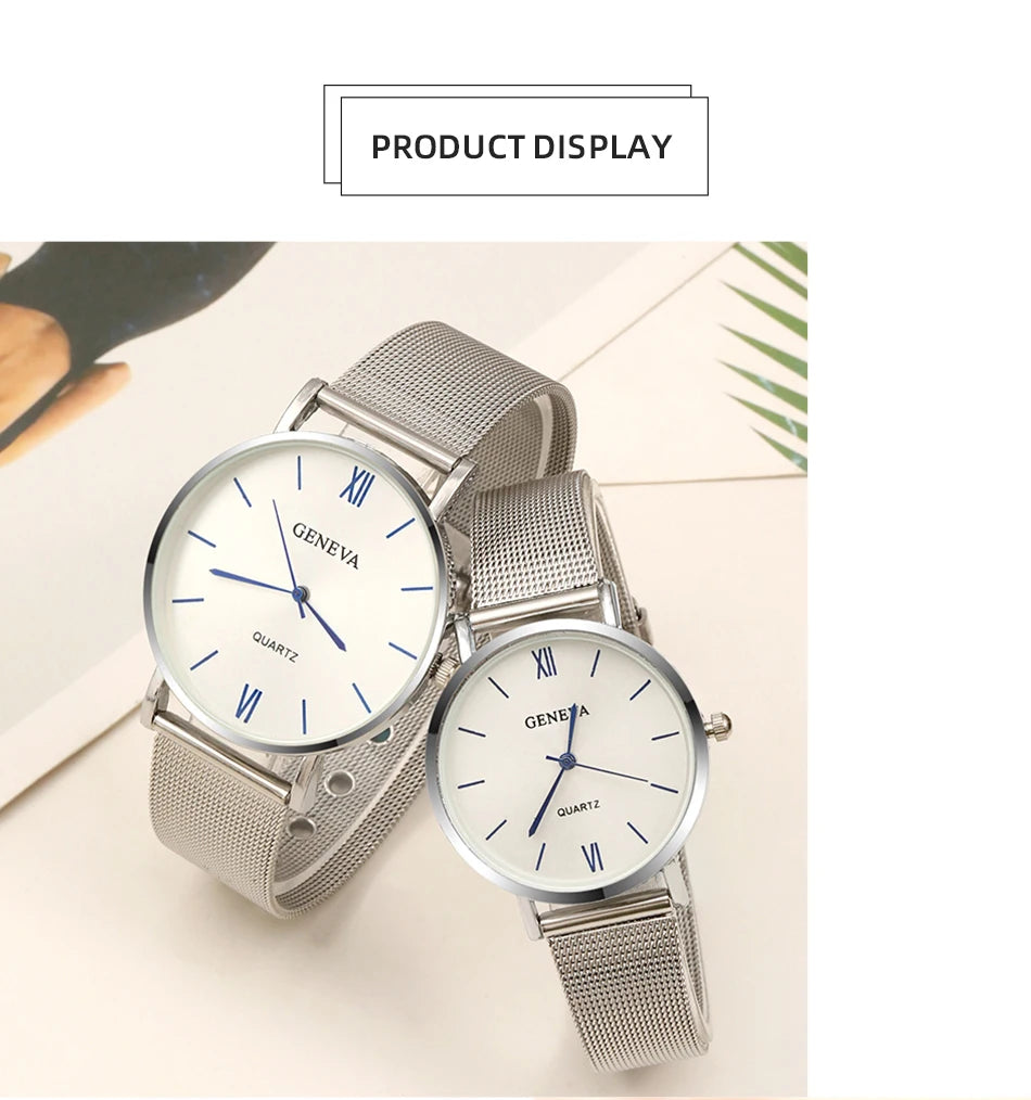 2PCS Set Couple Fashion Casual Watches Luxury Silvery Mesh Belt Wrist Watch Ladies Simple Dial Quartz Wristwatches Dress Clock