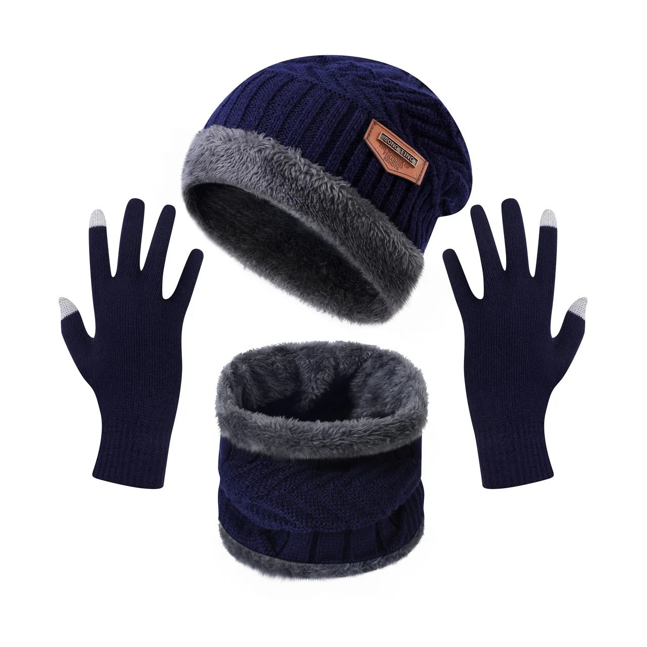 1Set Warm & Soft Winter Fleece-lined Knitted Hat, Scarves And Touch Screen Gloves 3-Piece Set ,Perfect Ear & Neck Warmer