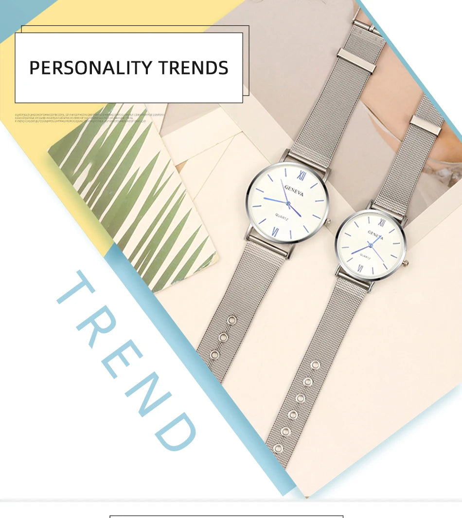 2PCS Set Couple Fashion Casual Watches Luxury Silvery Mesh Belt Wrist Watch Ladies Simple Dial Quartz Wristwatches Dress Clock