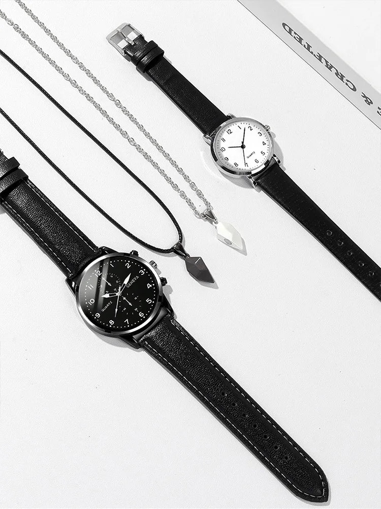 4pcs Fashion Versatile Creative Personalized Men and Women Couple Watch Quartz Watch with Love Pendant Necklace Combination Set