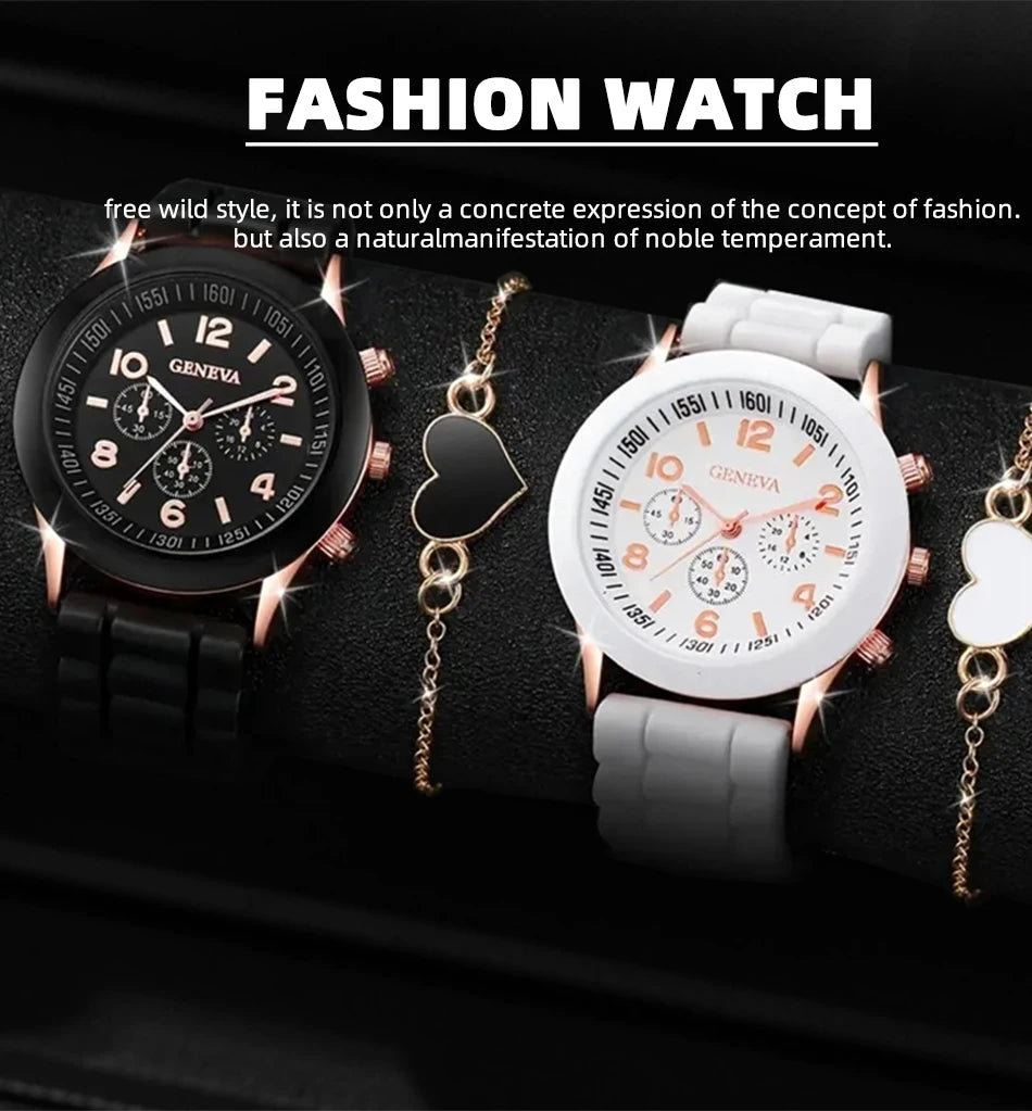 4pcs Fashion Simple Set Watches Luxury Men Women Silicone Tape Quartz Watch for Silver Business Casual Bracelet Wristwatch