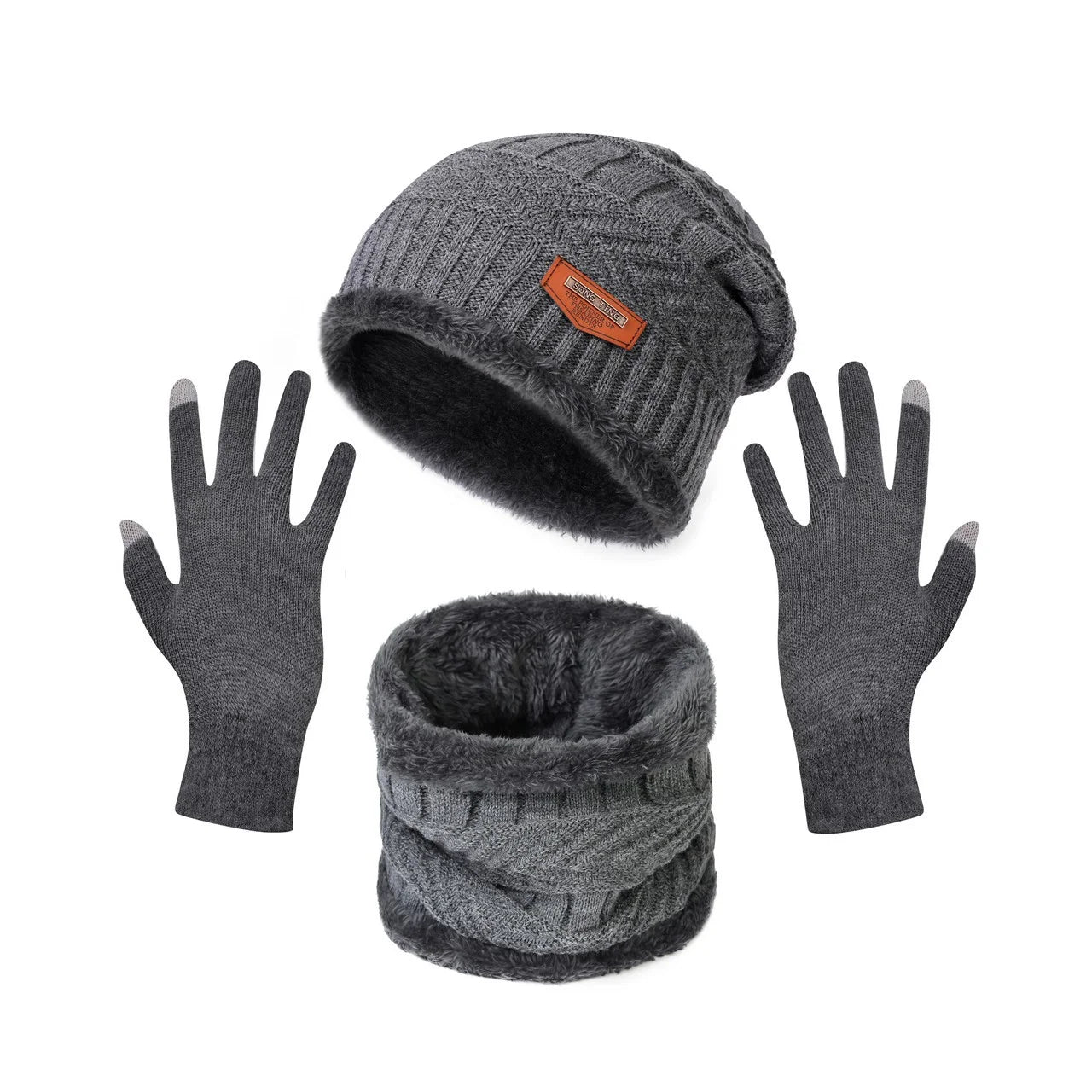 1Set Warm & Soft Winter Fleece-lined Knitted Hat, Scarves And Touch Screen Gloves 3-Piece Set ,Perfect Ear & Neck Warmer