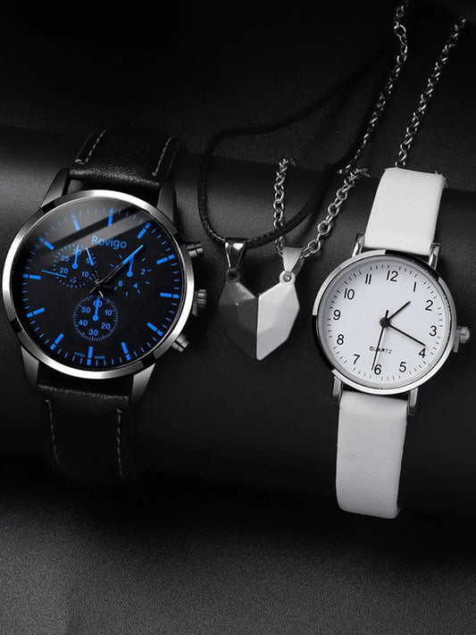 4pcs Fashion Versatile Creative Personalized Men and Women Couple Watch Quartz Watch with Love Pendant Necklace Combination Set