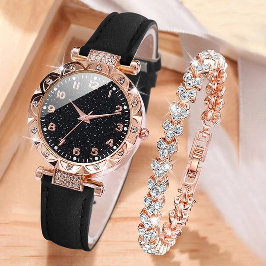 2PCS/Set Fashion Rhinestone Women Watches Bracelet Set Female Leather Band Quartz Watch