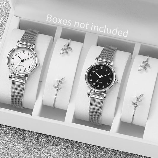 4PCS/Set Women's Watches Fashion Small Quartz Watch Casual Silver Band Wristwatches Bracelets（Without Box）