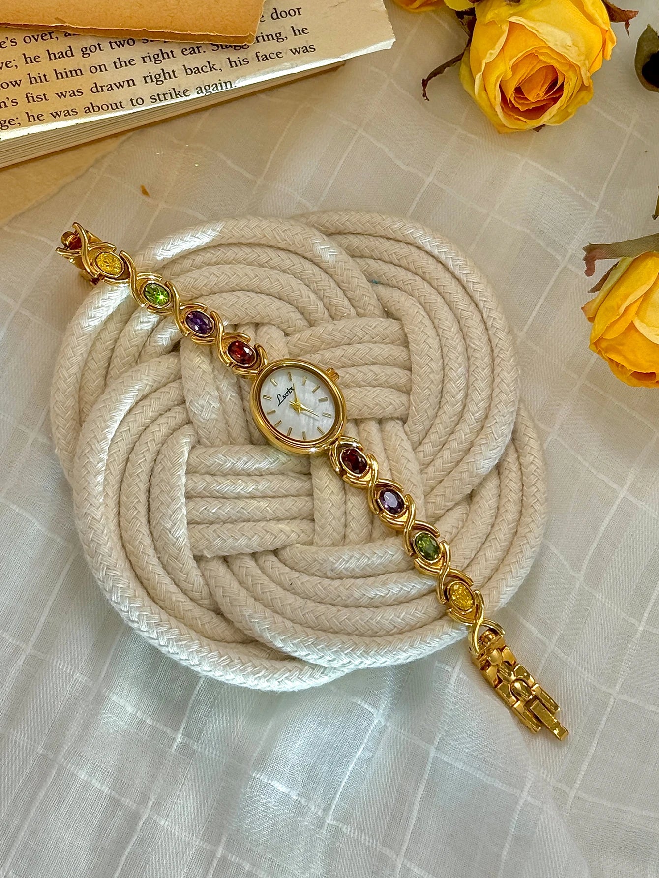 1 Piece of New High-End Colorfuled Tourmaline Gem Rhinestone Inlaid Accessible Luxury Retro Elegant Fashion Women's Watch Oval Mother-Of-Pearl Dial 30m Waterproof Suitable for Daily Wear and Party Vacation Outing and Other Oc