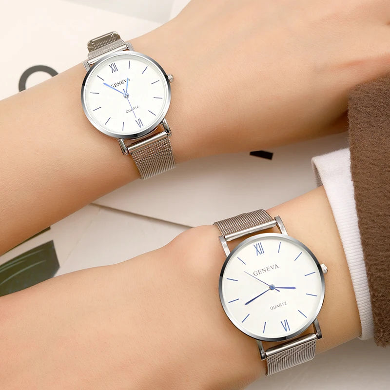 2PCS Set Couple Fashion Casual Watches Luxury Silvery Mesh Belt Wrist Watch Ladies Simple Dial Quartz Wristwatches Dress Clock