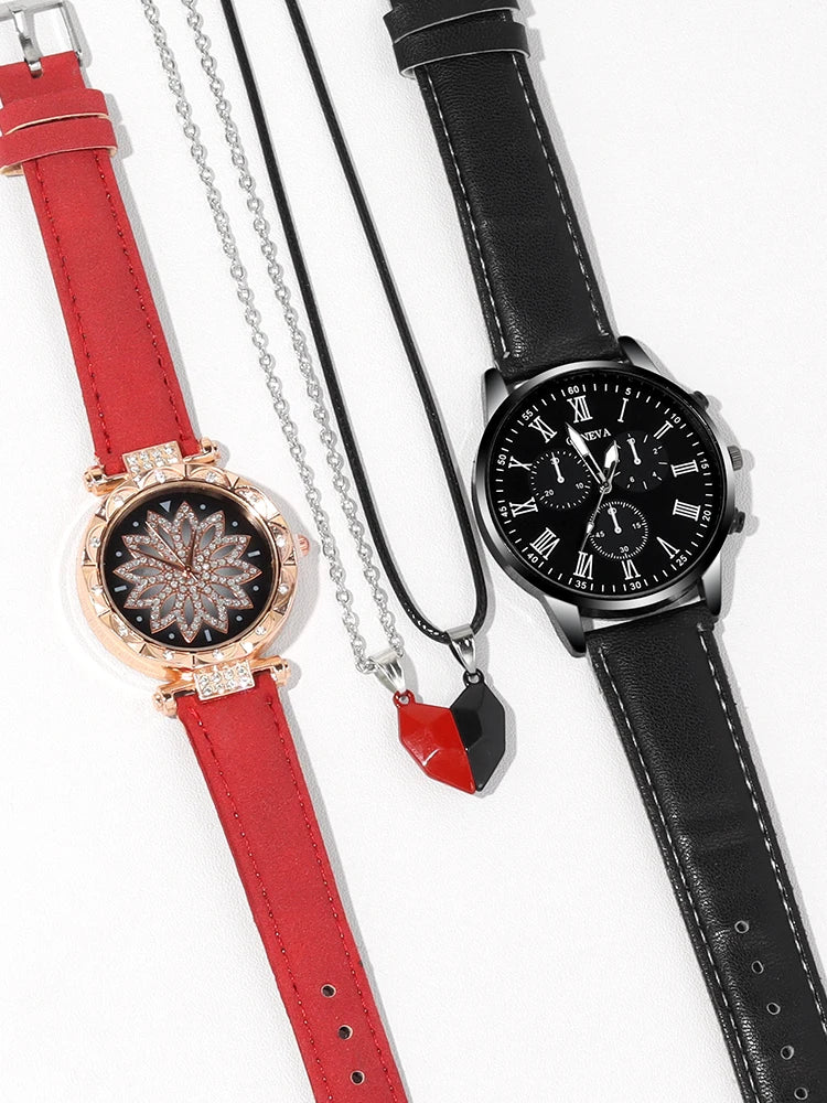 4pcs Minimalist Casual Fashion Wristwatch, Student Strap, Quartz Watch, Male and Female Couple Watch, Couple Necklace