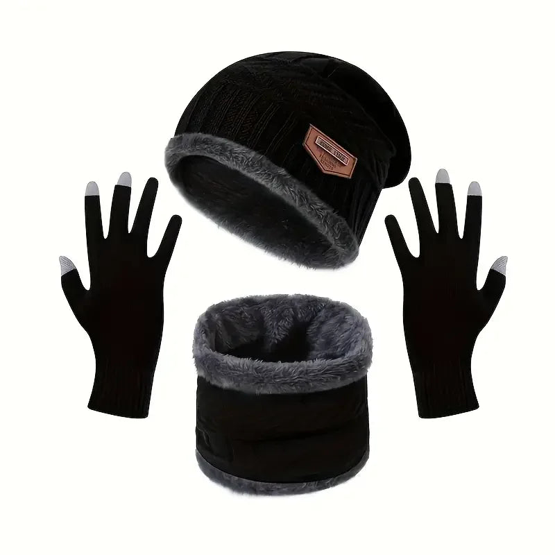 1Set Warm & Soft Winter Fleece-lined Knitted Hat, Scarves And Touch Screen Gloves 3-Piece Set ,Perfect Ear & Neck Warmer