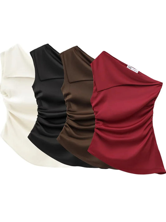 Zevity 2025 Women Sexy Solid Color Single Shoulder Pleats Design Asymmetrical Blouse Female Slim Shirts Blusas Chic Tops LS9155