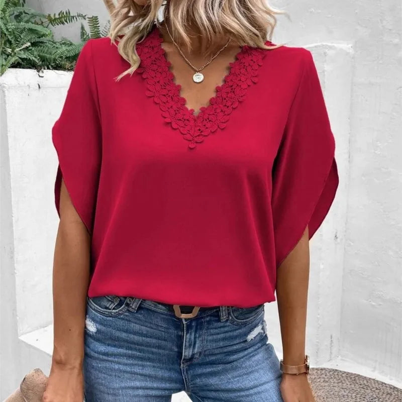Women's Summer Solid Color Flared Sleeve Loose Shirt Top Office Lady Casual Lace Splicing V Neck Half Sleeves Pullover Blouse