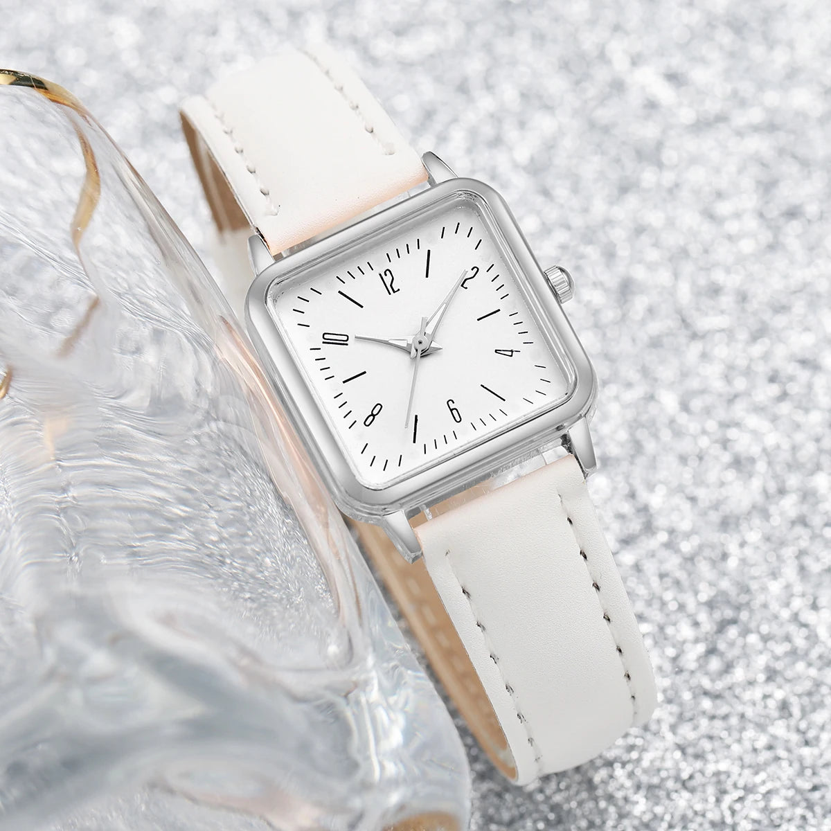 2PCS/Set Women's Fashion Watch Simple Square Dial Leather Watch