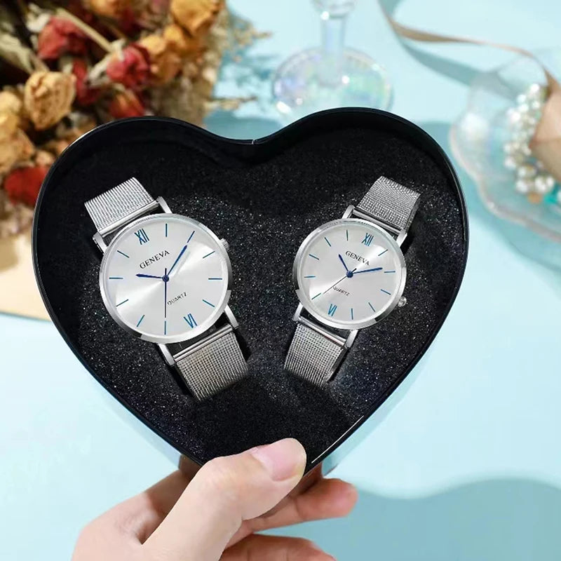 2PCS Set Couple Fashion Casual Watches Luxury Silvery Mesh Belt Wrist Watch Ladies Simple Dial Quartz Wristwatches Dress Clock