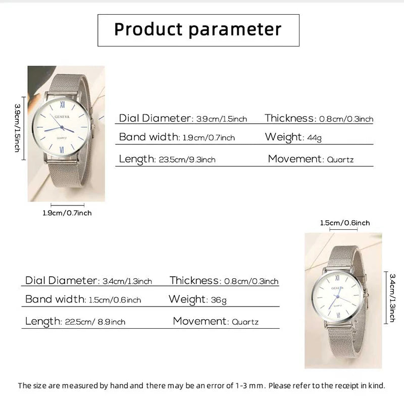 2PCS Set Couple Fashion Casual Watches Luxury Silvery Mesh Belt Wrist Watch Ladies Simple Dial Quartz Wristwatches Dress Clock