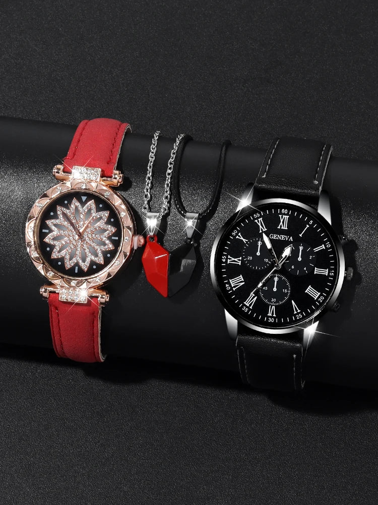 4pcs Minimalist Casual Fashion Wristwatch, Student Strap, Quartz Watch, Male and Female Couple Watch, Couple Necklace