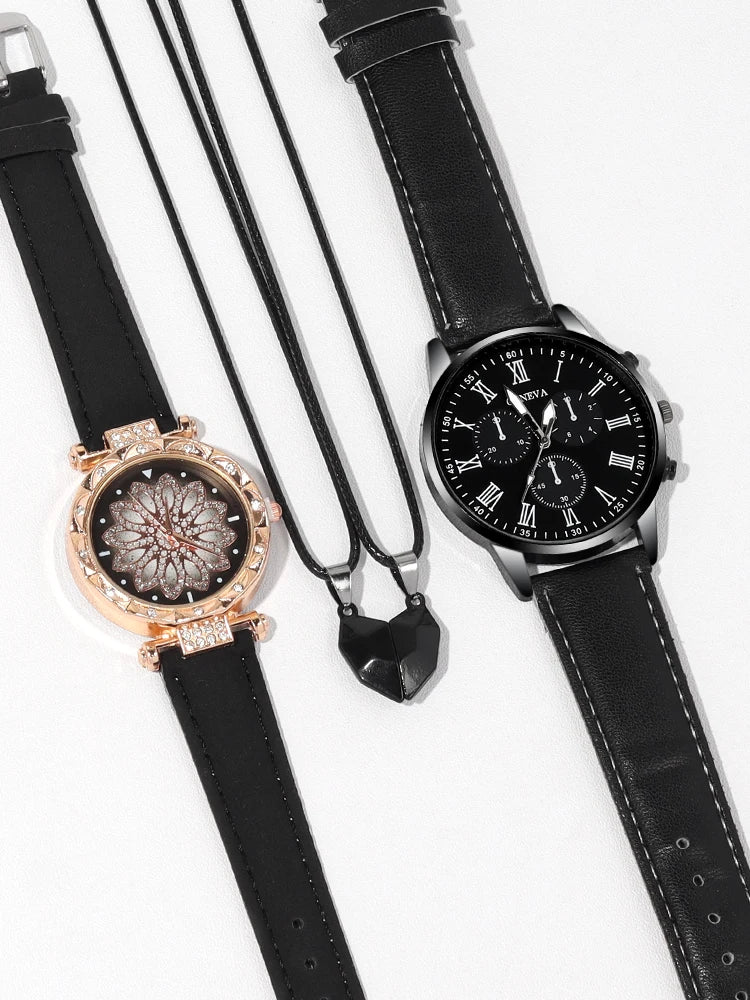 4pcs Minimalist Casual Fashion Wristwatch, Student Strap, Quartz Watch, Male and Female Couple Watch, Couple Necklace