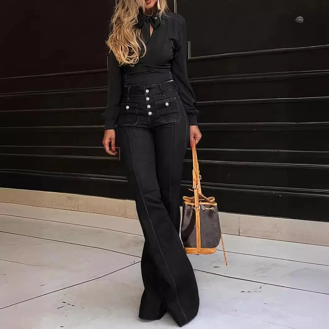 Women Jeans Ankle Length Boot Cut Spliced Flare Pants Denim Pockets Loose Washing High Waist Solid Button Basics Zipper Fly
