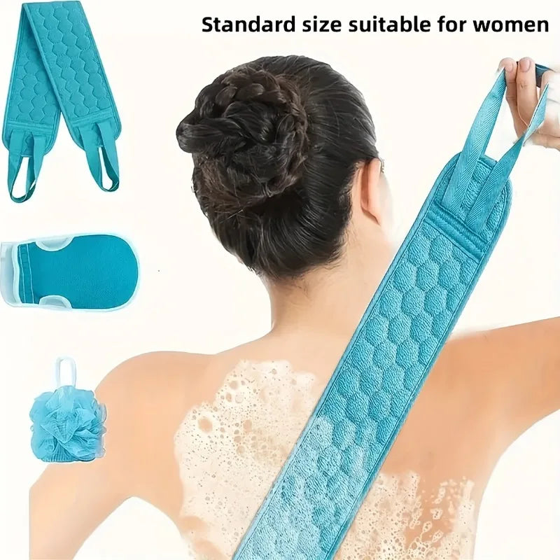 3-piece shower exfoliating set, shower ball, shower gloves, exfoliating shower towel, shower back cleaner