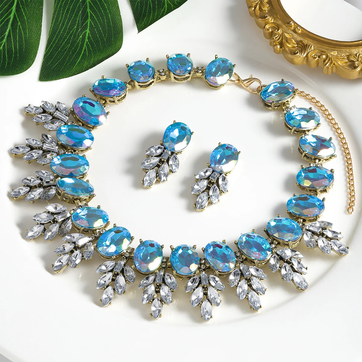 Best Lady Geometric Rhinestone Necklace & Short Glass Earrings Stitching Decorative Neck Chain Dress Jewelry Set